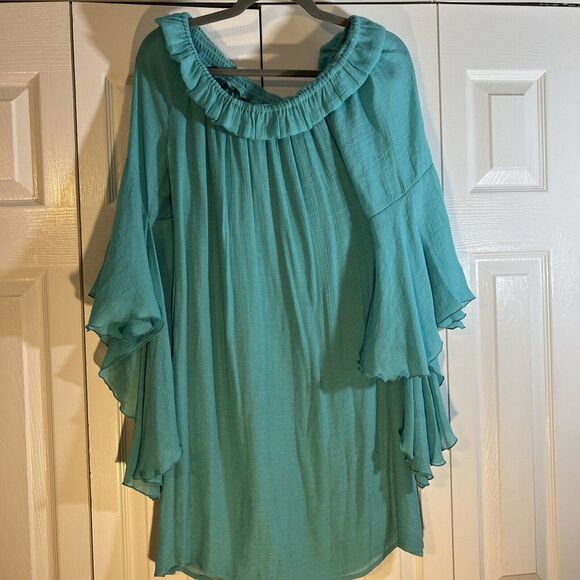 ROCKWELL THARP Juliet Green Mini Dress Ruffle Collar Bell Sleeves NWT Size Large - Picture 1 of 9